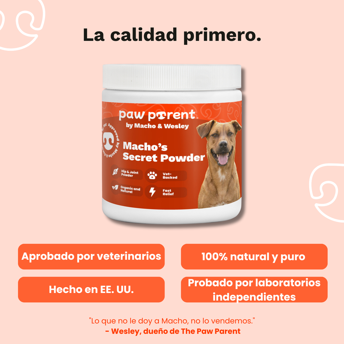 A white plastic jar of Paw Parent by Macho & Wesley 'Macho's Secret Powder' dog supplement, set against a light peach-pink background with Spanish text highlighting product benefits and veterinarian approval.