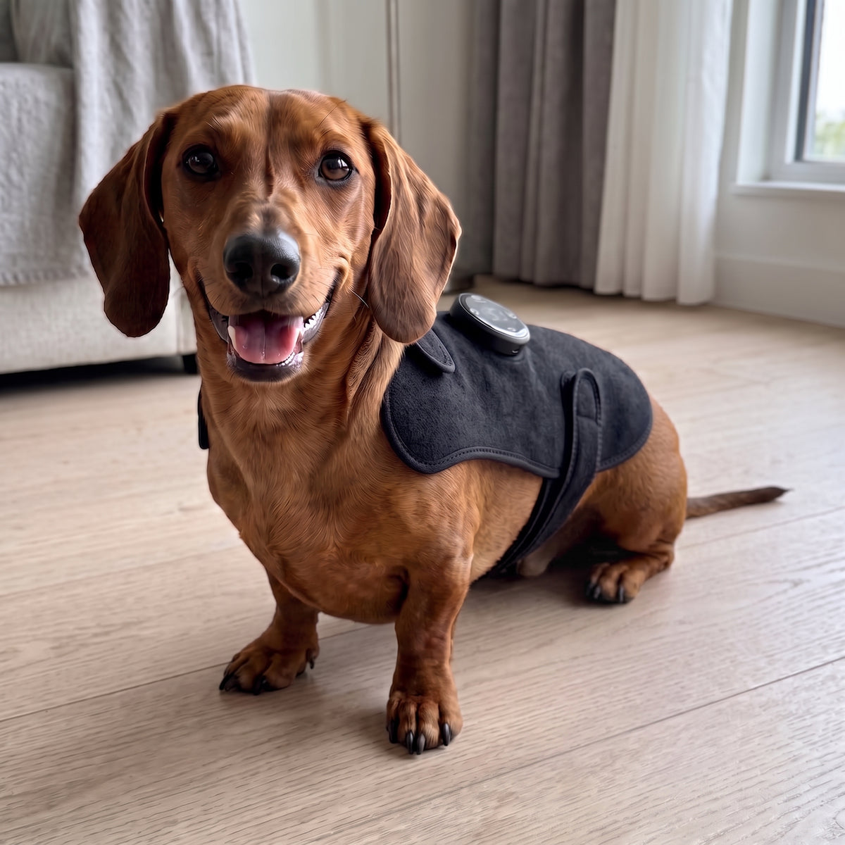 Happy dachshund walking outside in the IVDD Relief Vest