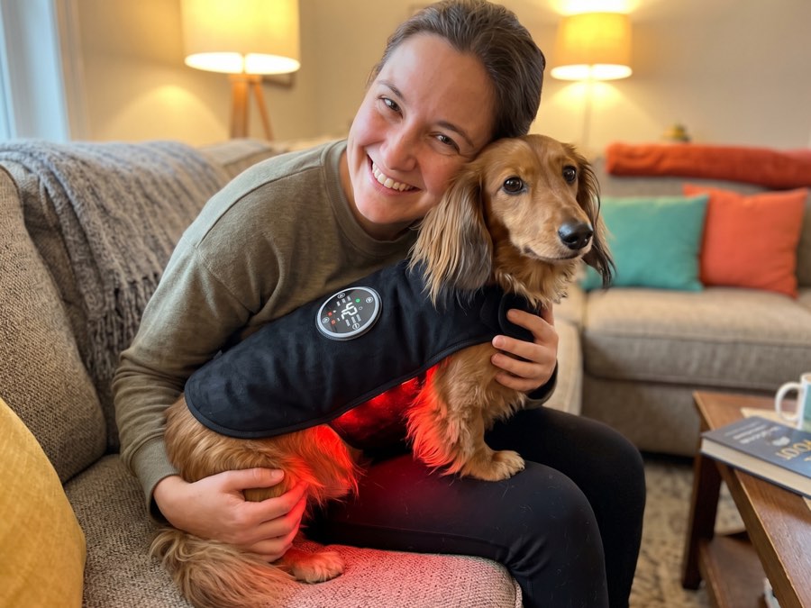 Owner hugging her dachshund wearing the vest