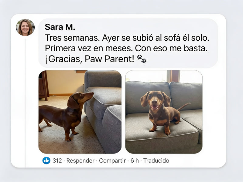 A social media post in Spanish featuring a before-and-after comparison of a brown dachshund dog. The left photo shows the dog standing on a carpeted floor next to a gray sofa, while the right photo shows the dog sitting calmly on the gray sofa cushion.