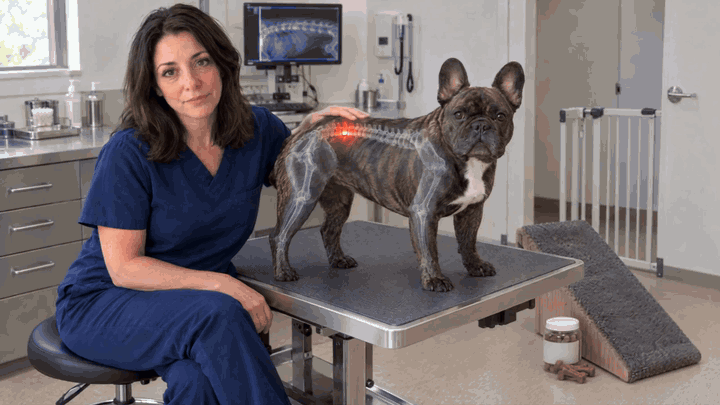 Veterinary neurologist with a French Bulldog on the exam table, the hidden fire inside his spinal disc